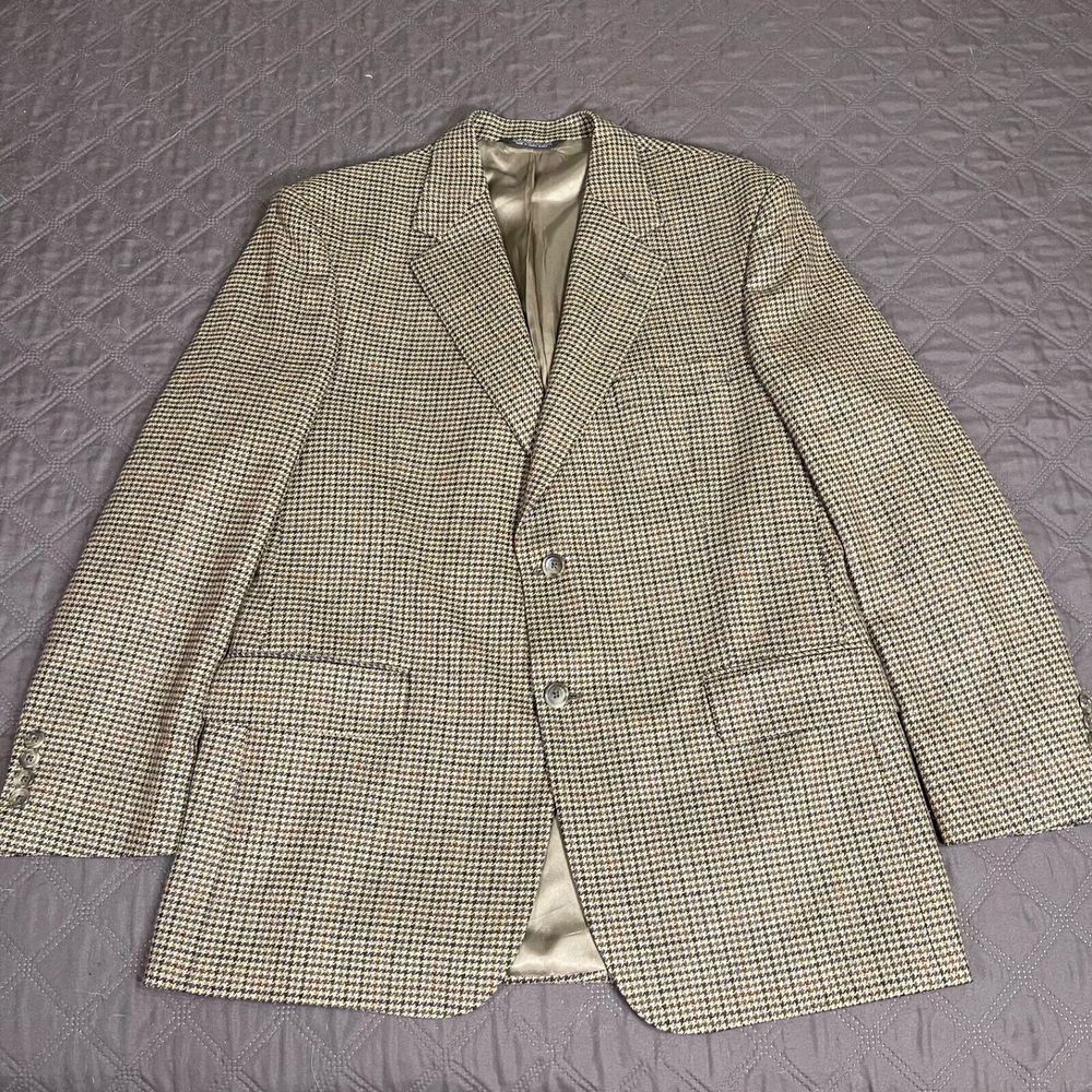 Evan-Picone Lambs Wool Sport Coat Mens 40-R Muted Beige/Blue/Blk Plaid Blazer